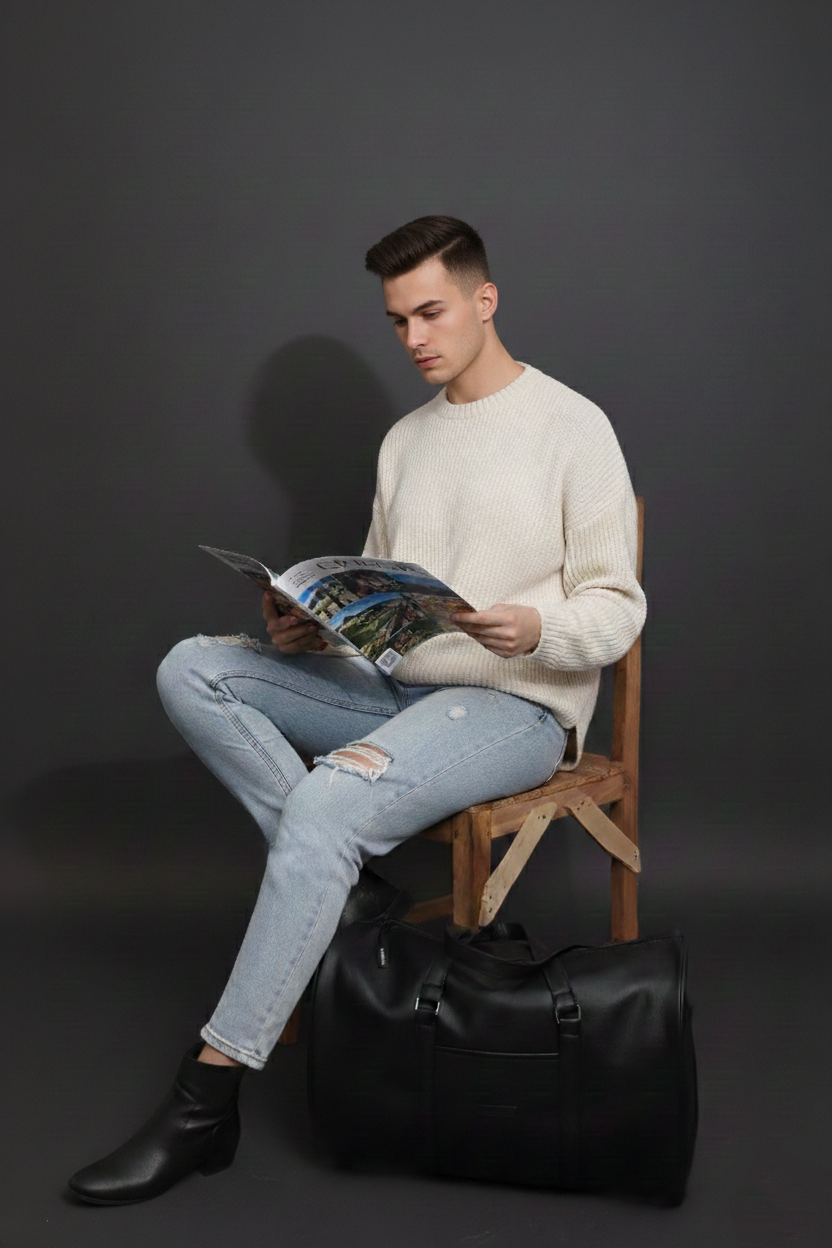 Man relaxing with a black duffle bag for gym and weekend travel