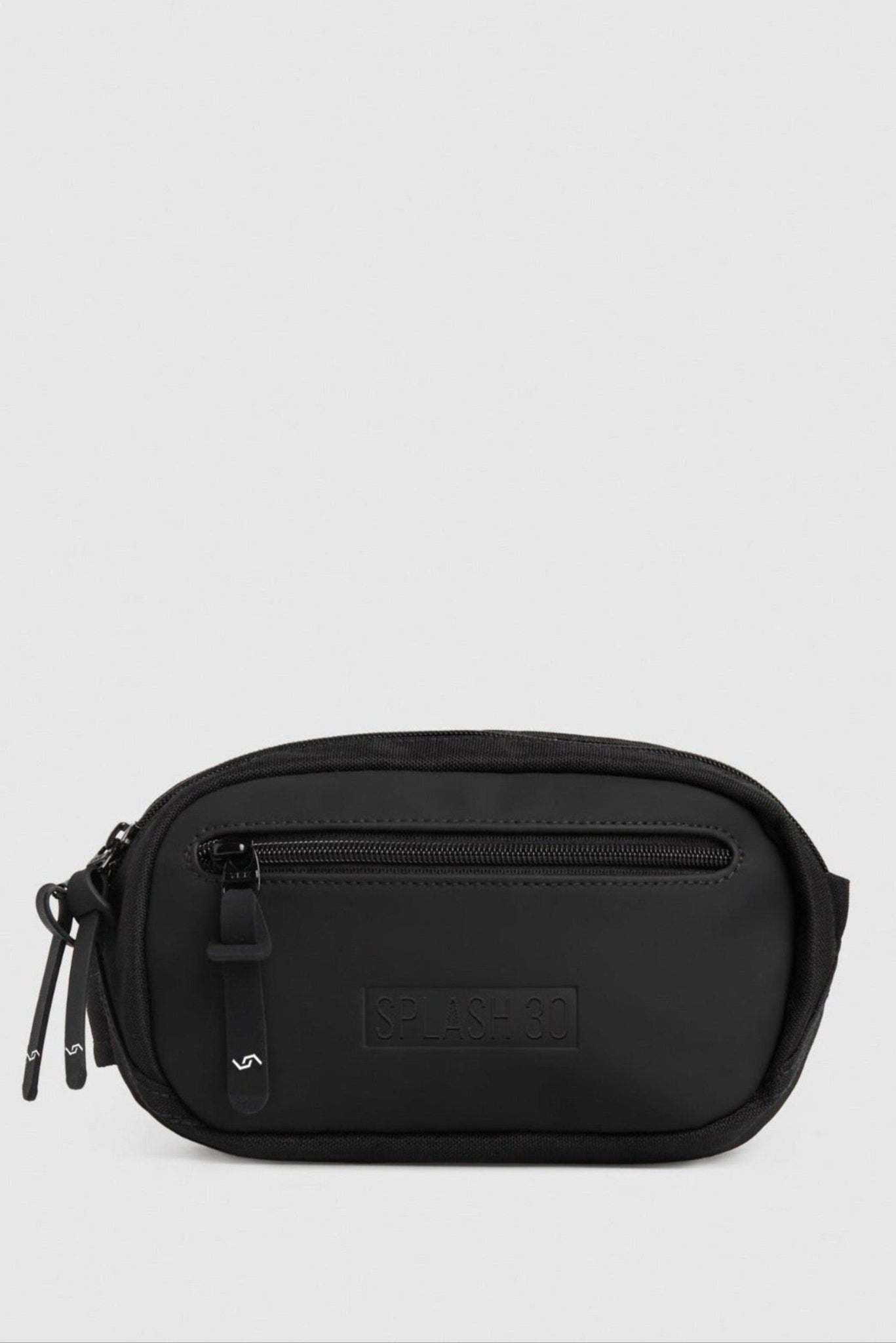 Black pouch with a visible brand logo on a light gray background