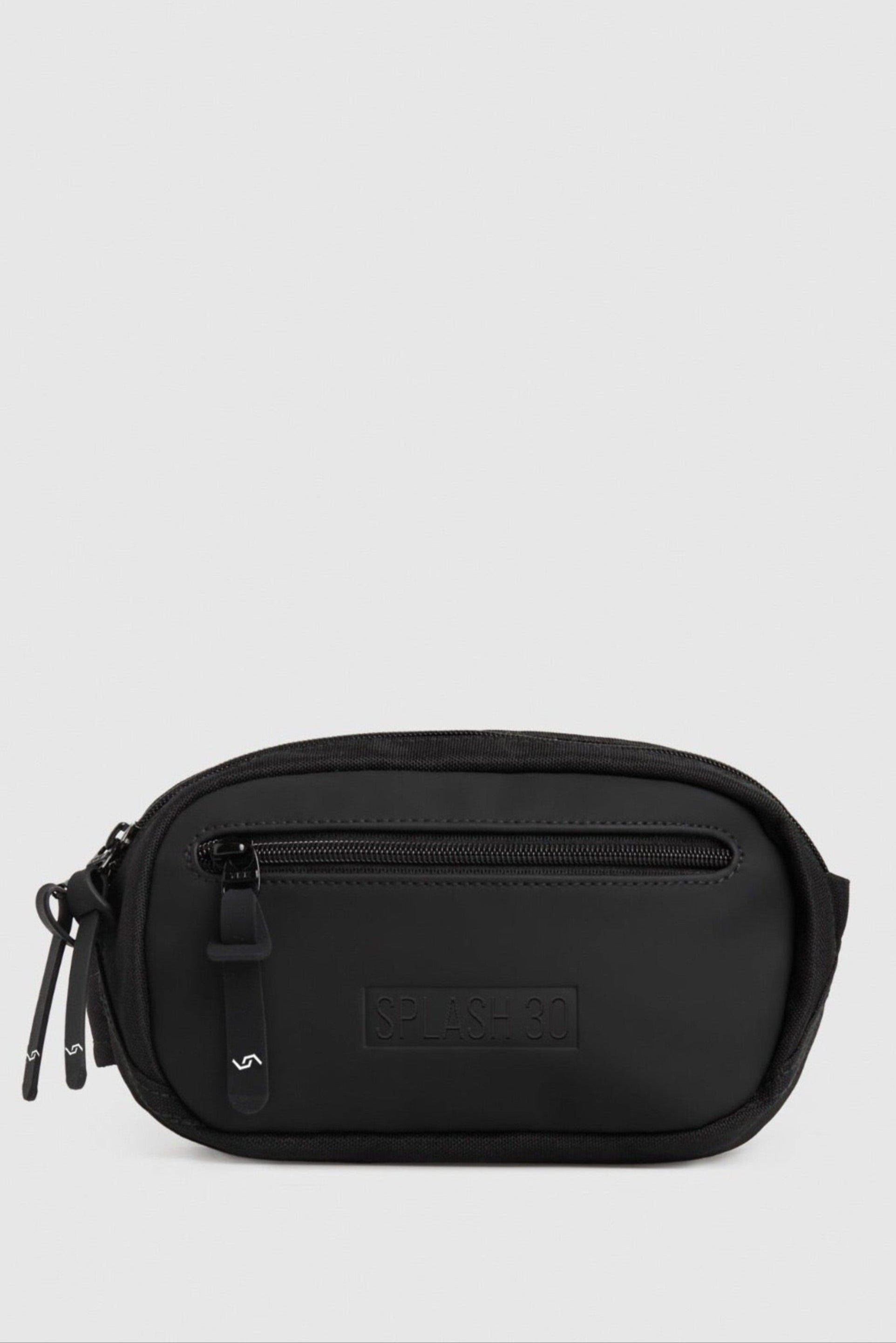 Black pouch with a visible brand logo on a light gray background
