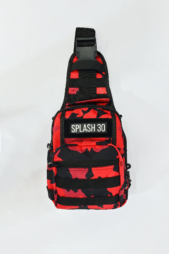 Red and black camouflage sling bag with 'Splash 30' label on a white background