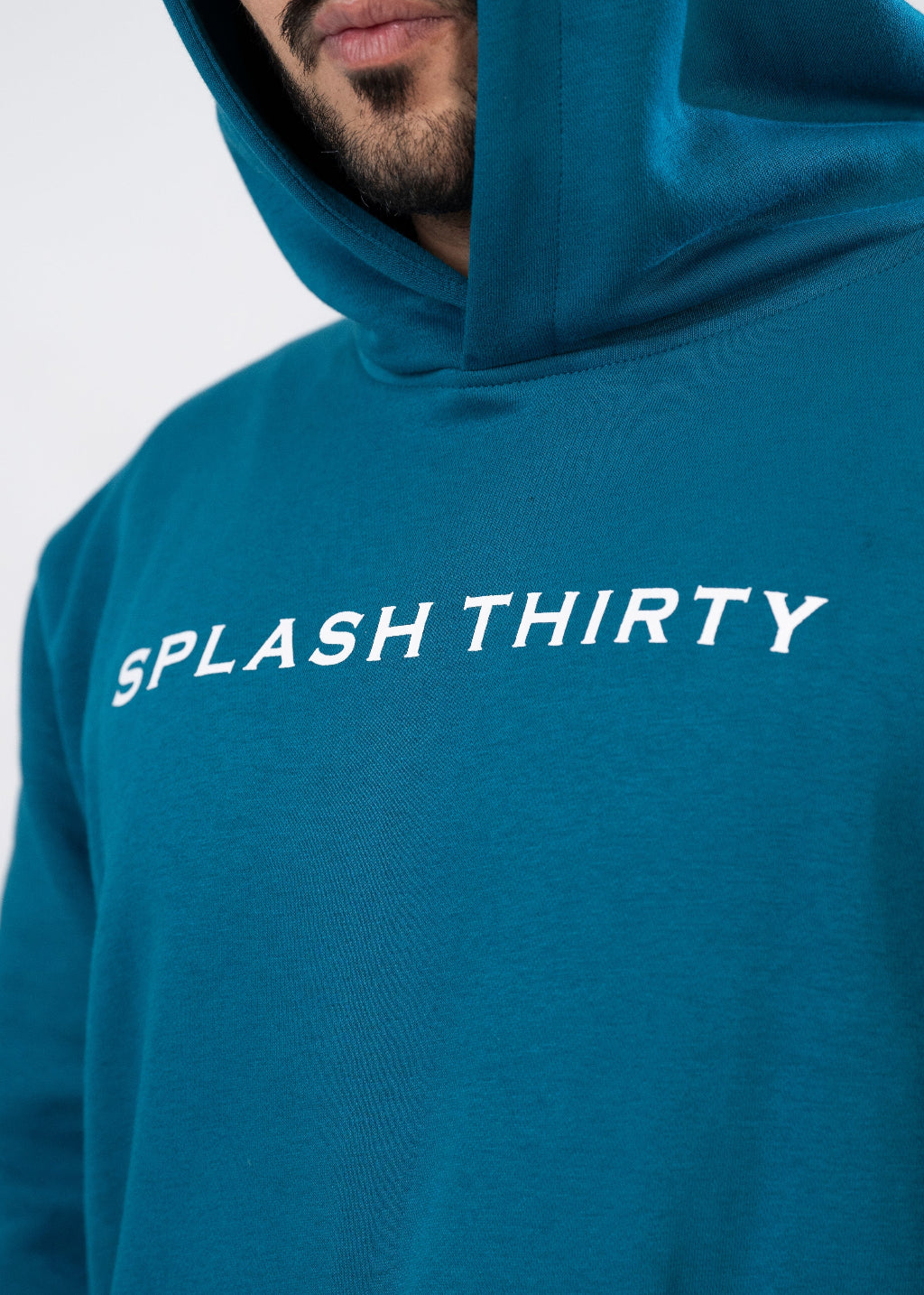 Blue hoodie with 'SPLASH THIRTY' text on a white background