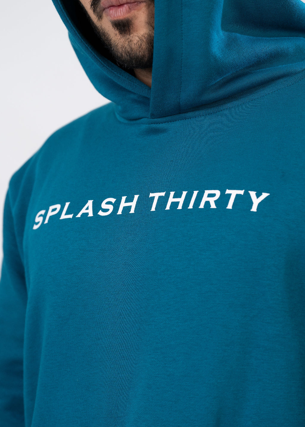 Teal hoodie with 'Splash Thirty' text on a white background