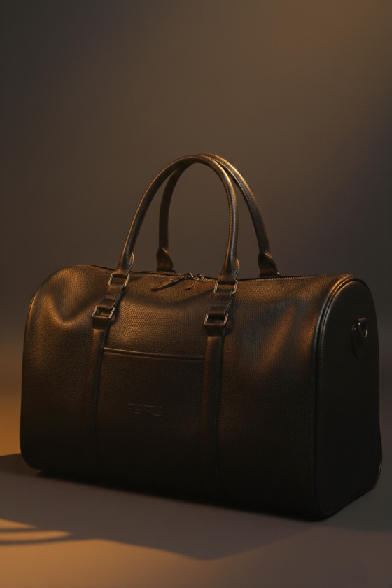 Brown leather duffel bag on a dark background