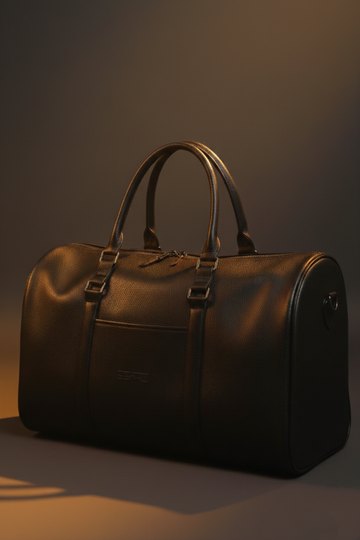 Black leather duffel bag on a dark background