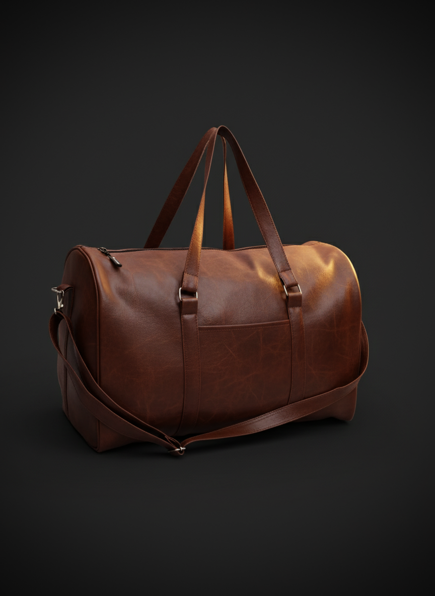 Brown leather duffel bag on a dark background