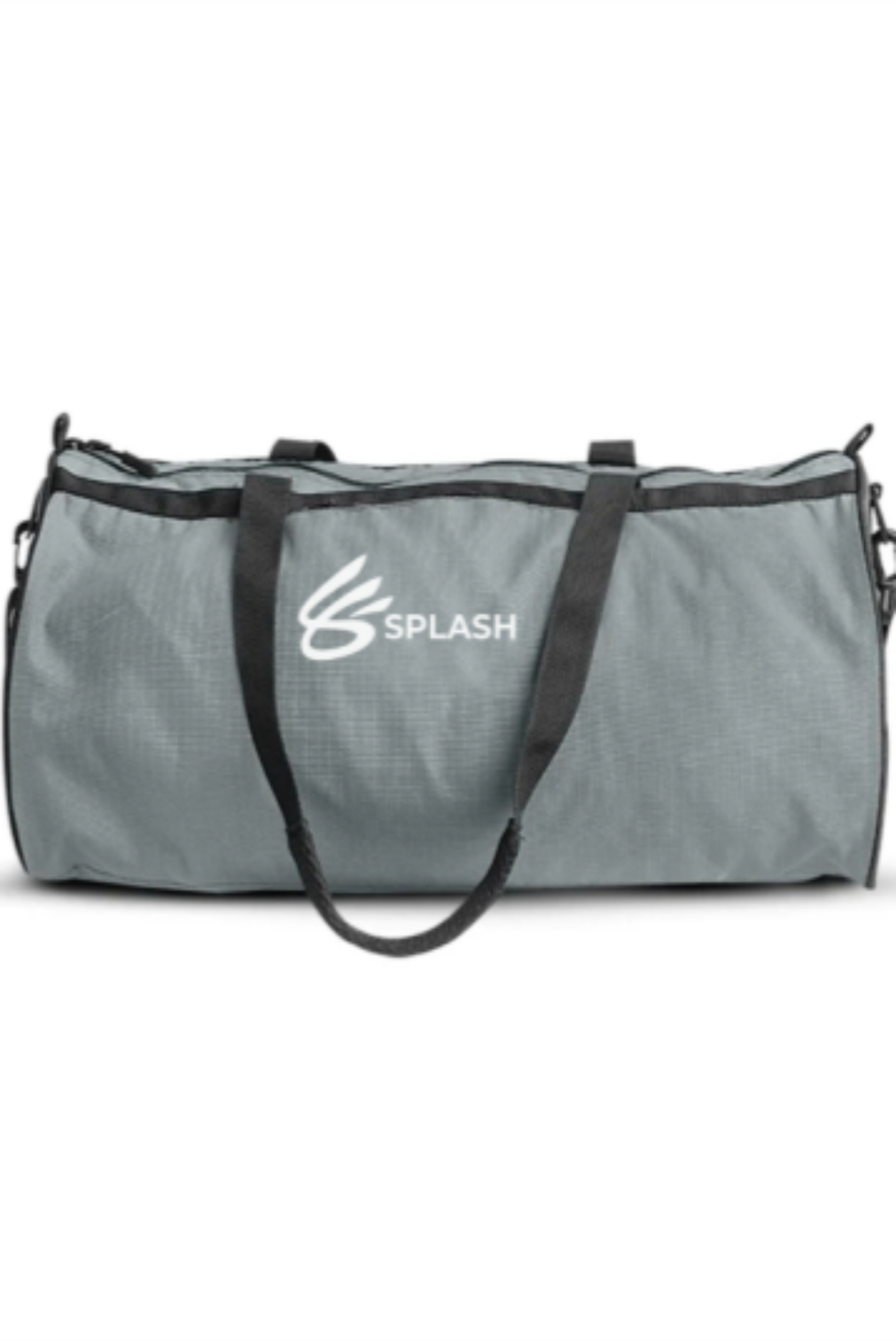 A gray polyester duffel bag with a logo on the side, featuring two black straps and multiple zippered compartments.
