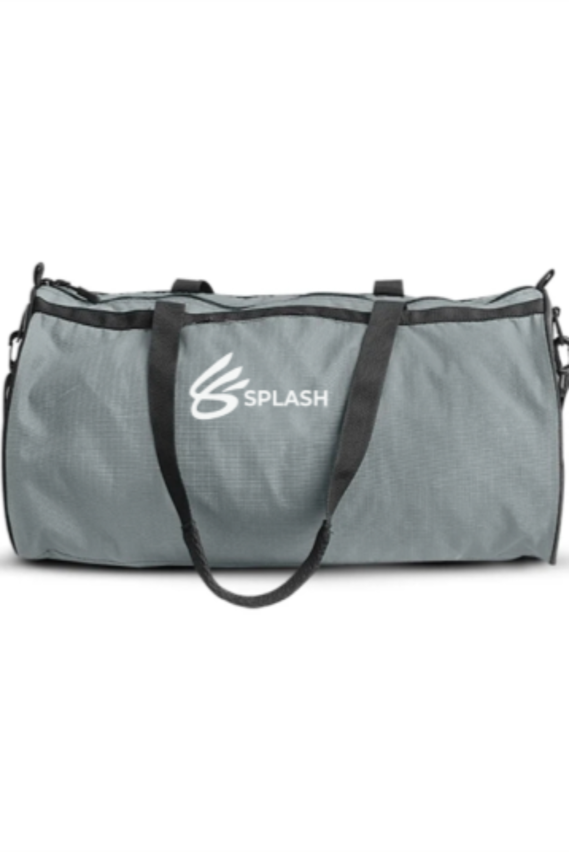 A gray polyester duffel bag with a logo on the side, featuring two black straps and multiple zippered compartments.