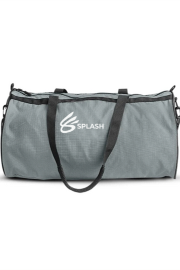 A gray polyester duffel bag with a logo on the side, featuring two black straps and multiple zippered compartments.