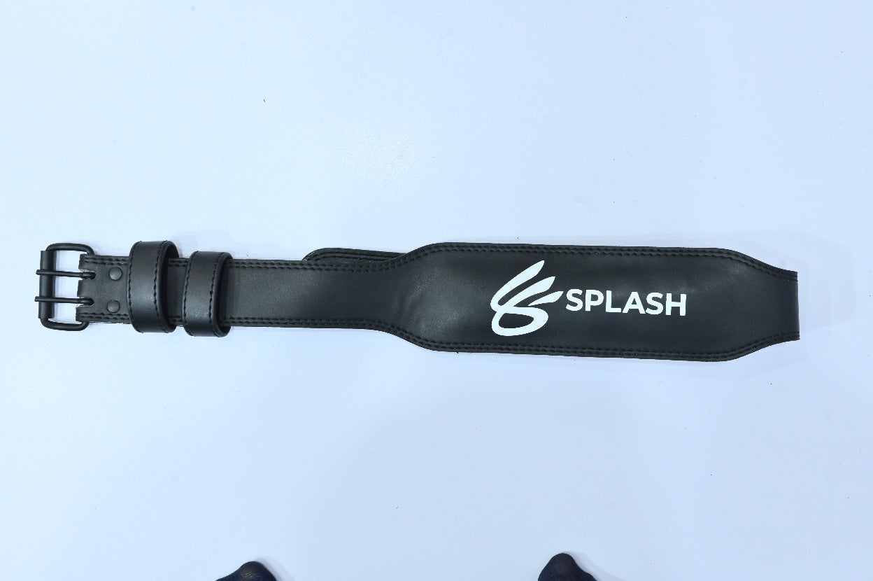 Black leather belt with 'Splash' logo on a light blue background
