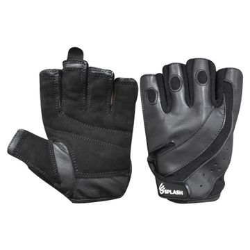 A pair of black weight lifting gloves with padding and a velcro strap.