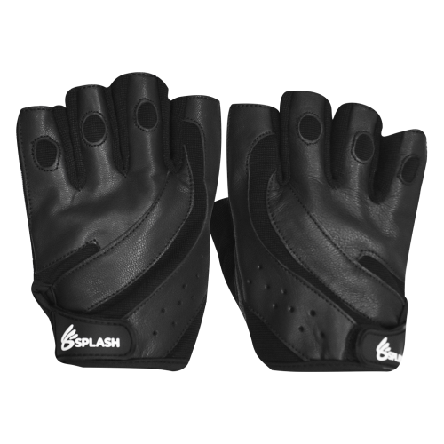 A pair of black weight lifting gloves with padding and a velcro strap.