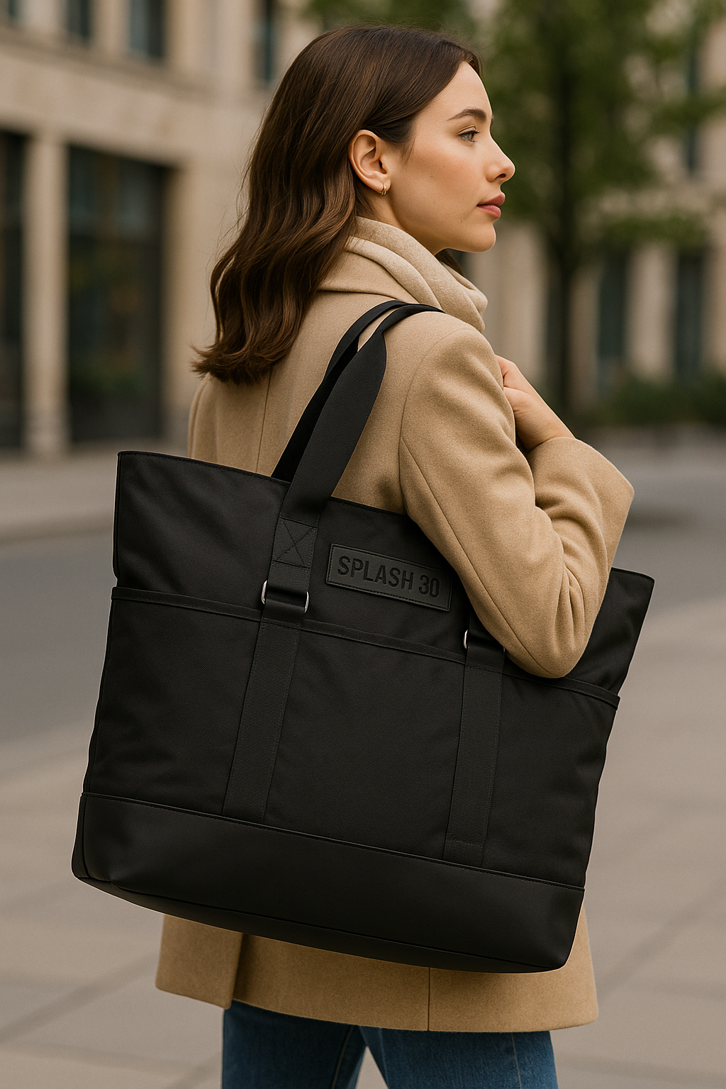 Black tote bag with a visible brand logo on a light gray background.