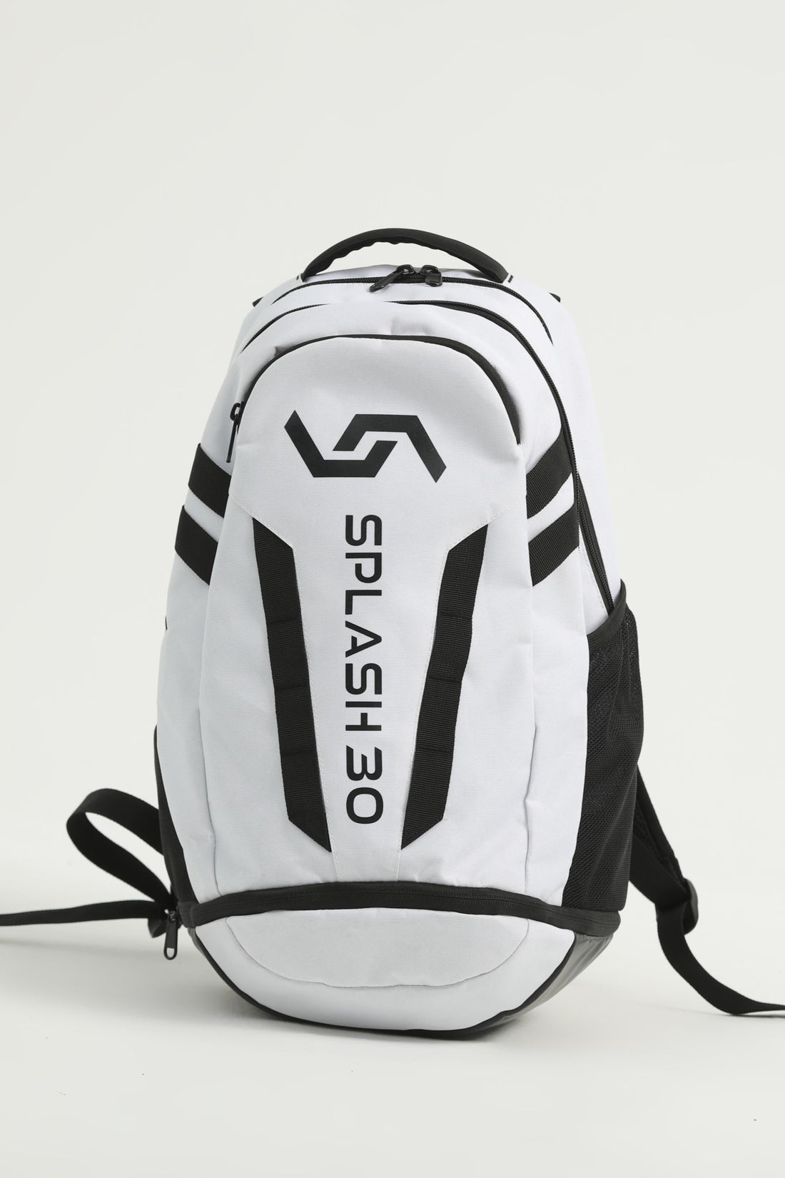 A white Splash everyday backpack with black straps and detailing, featuring multiple compartments and a logo on the front.