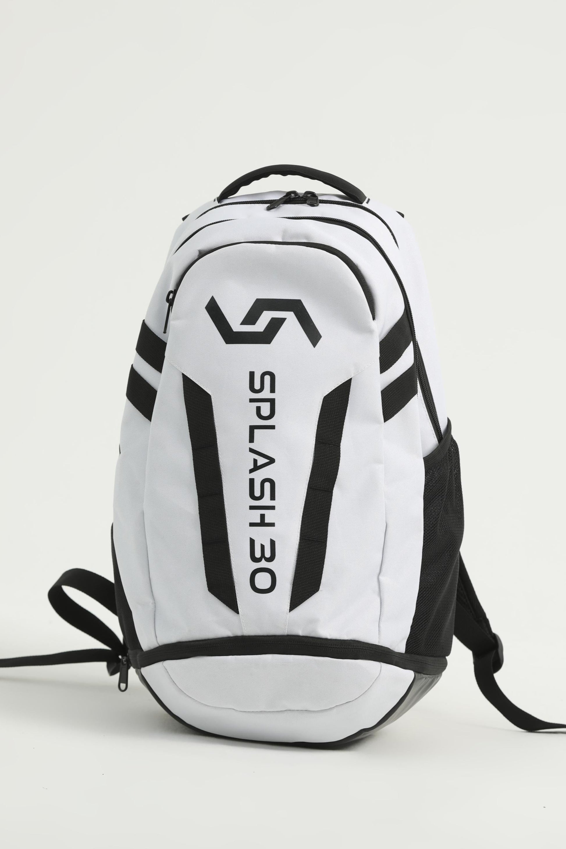 A white Splash everyday backpack with black straps and detailing, featuring multiple compartments and a logo on the front.