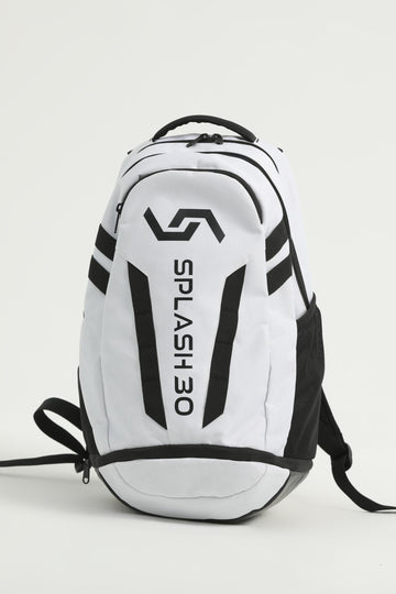 A white Splash everyday backpack with black straps and detailing, featuring multiple compartments and a logo on the front.