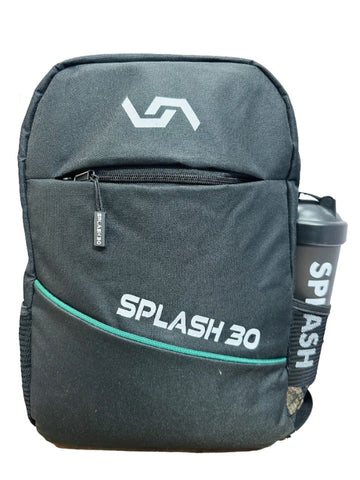 Gray backpack with 'Splash 30' branding on a white background