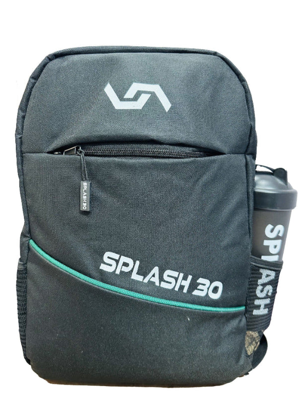 Gray backpack with 'Splash 30' branding on a white background