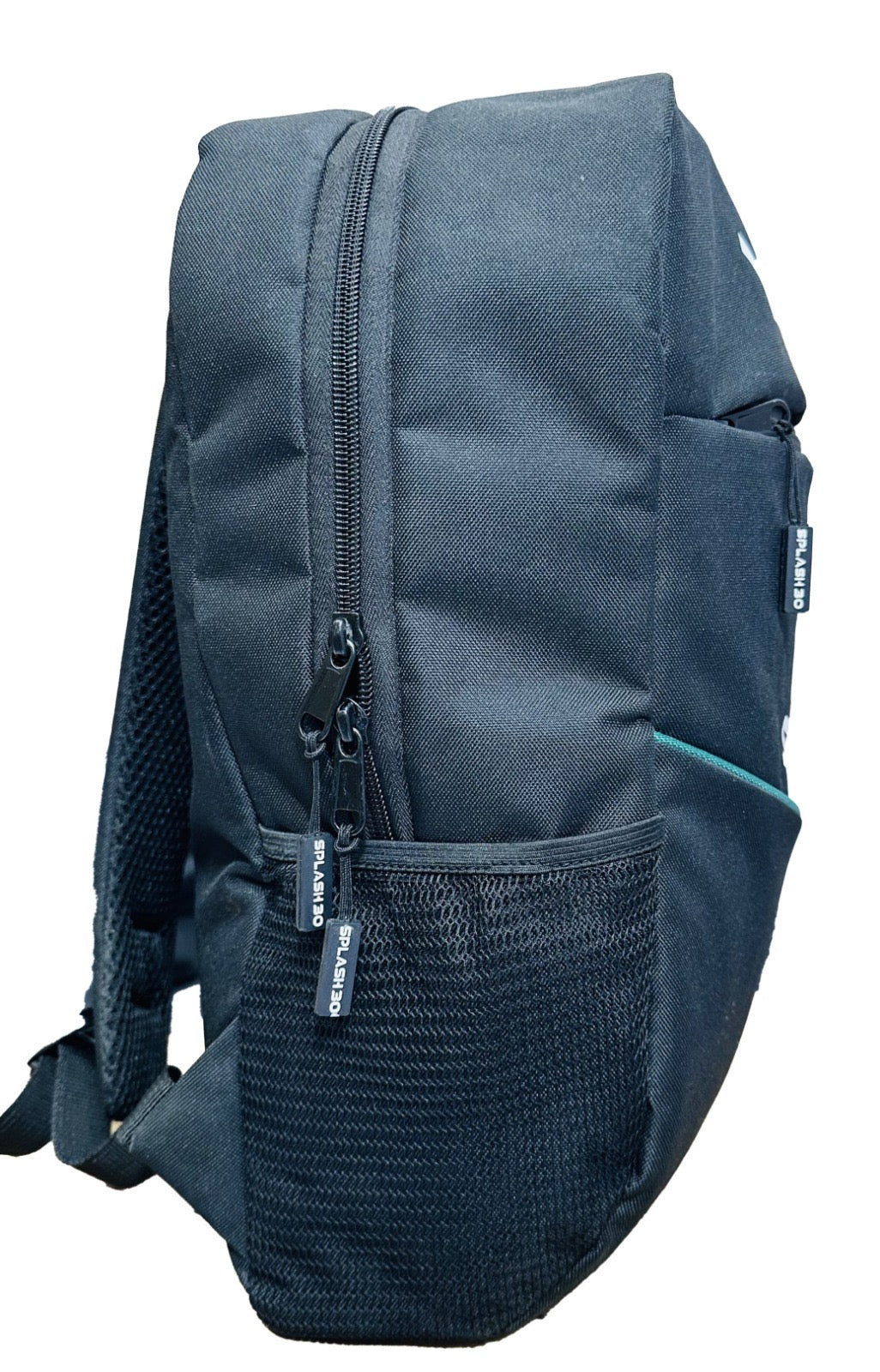 Blue backpack with a mesh pocket on a white background