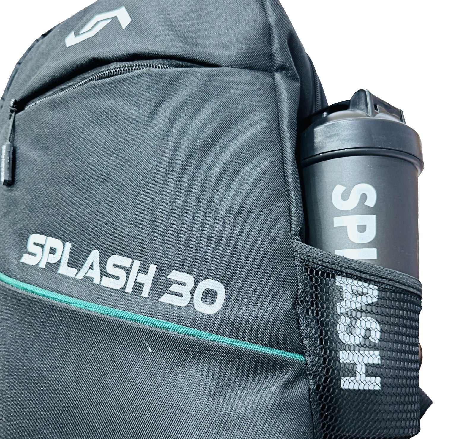Gray backpack with 'Splash 30' branding and a matching water bottle on a white background