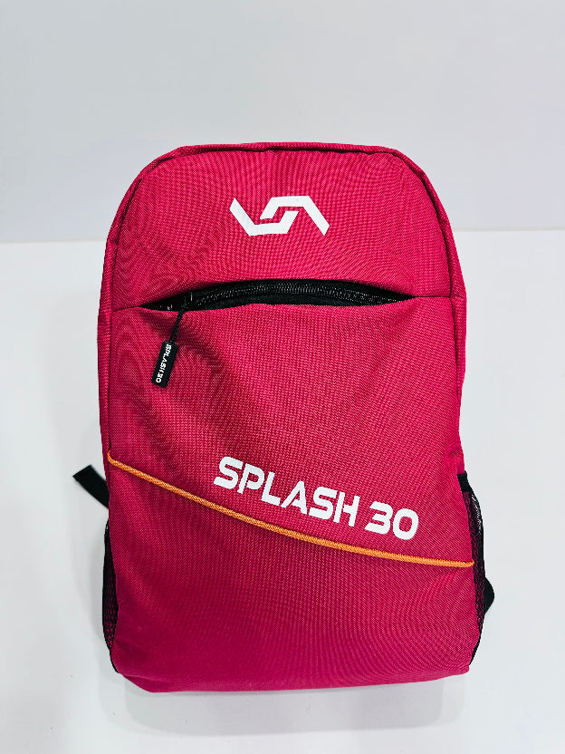 Red backpack with 'Splash 30' text and logo on a white background