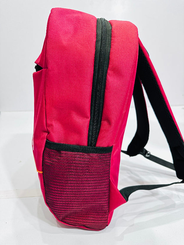 Red backpack with a black zipper on a white background
