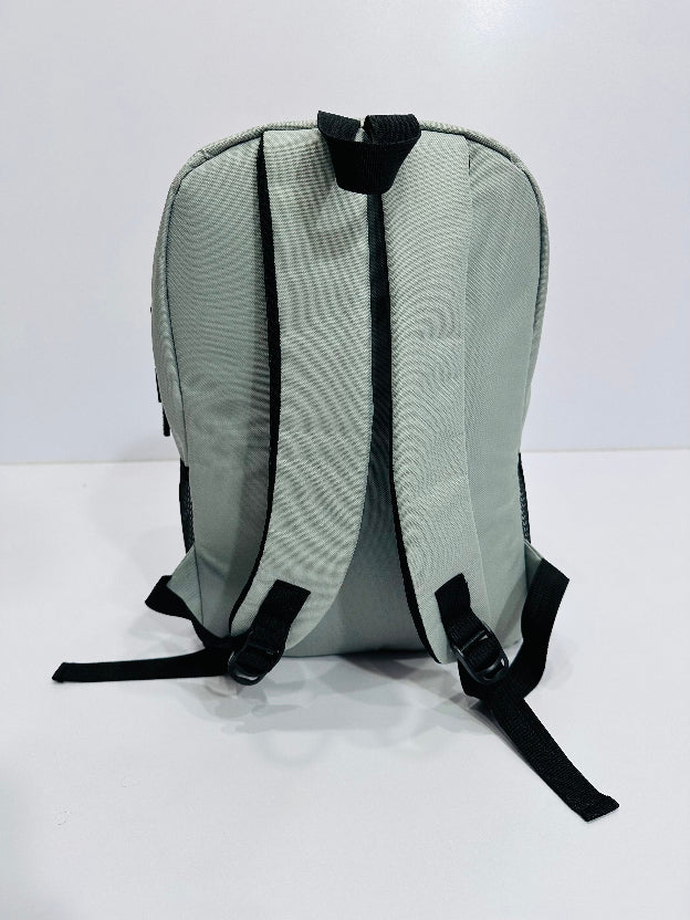 Gray backpack with black straps on a white background