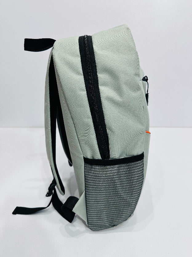 Light gray backpack with black zippers on a white background