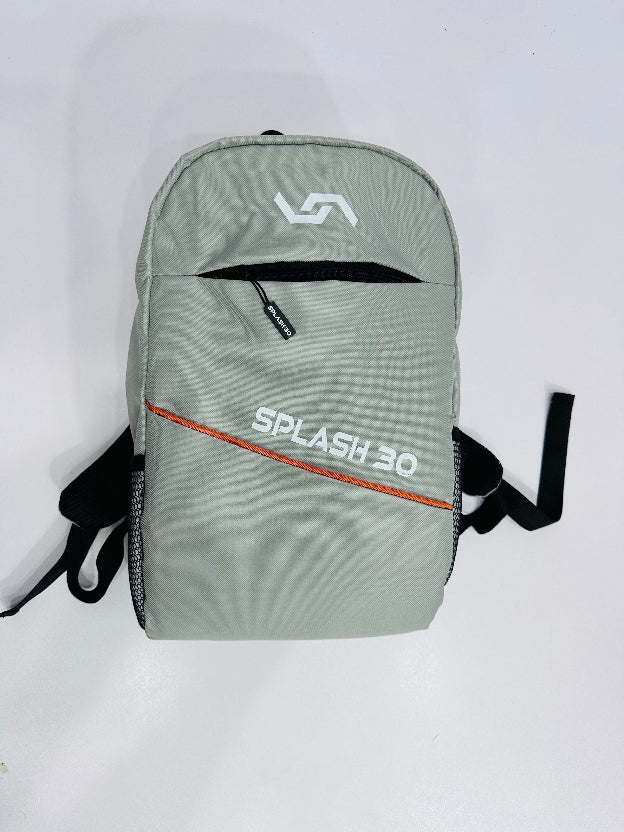 Gray backpack with 'Splash 30' text on a white background