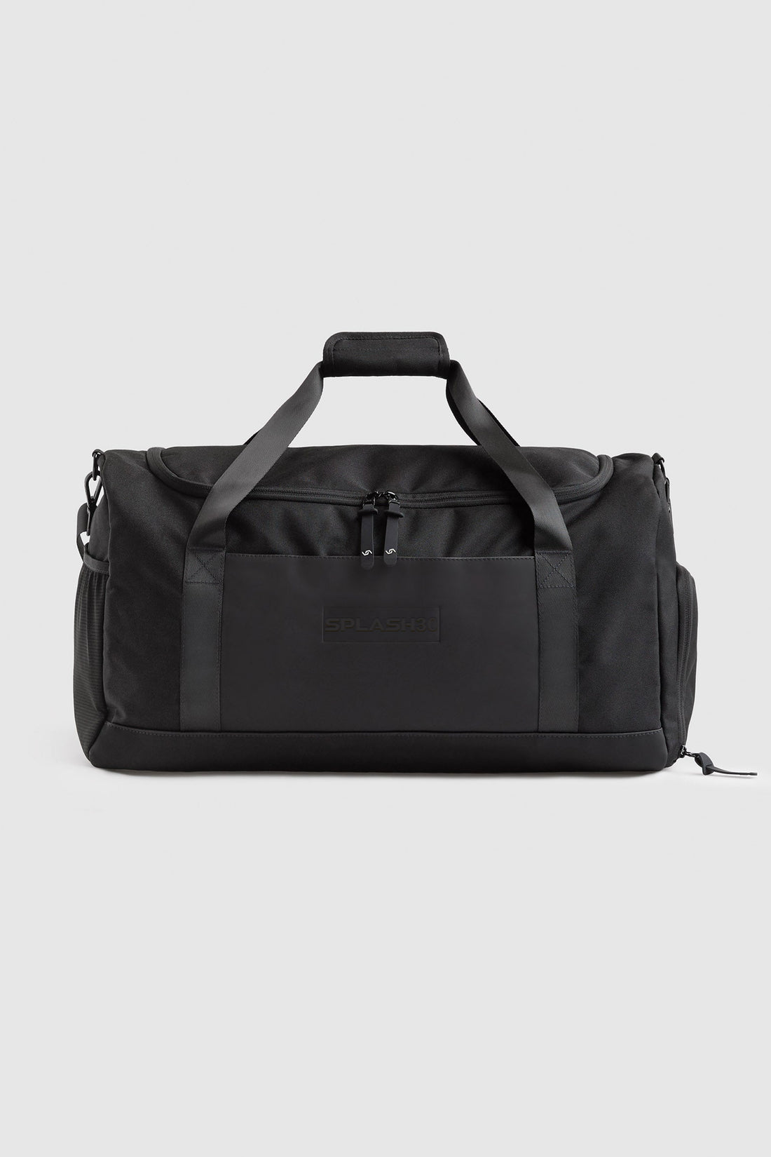 A black duffle bag with a main compartment, external slip pockets, a wet pocket at the bottom, a comfortable shoulder strap, and carry handles.