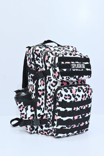 Leopard print backpack with 'Splash 30' label on a light gray background