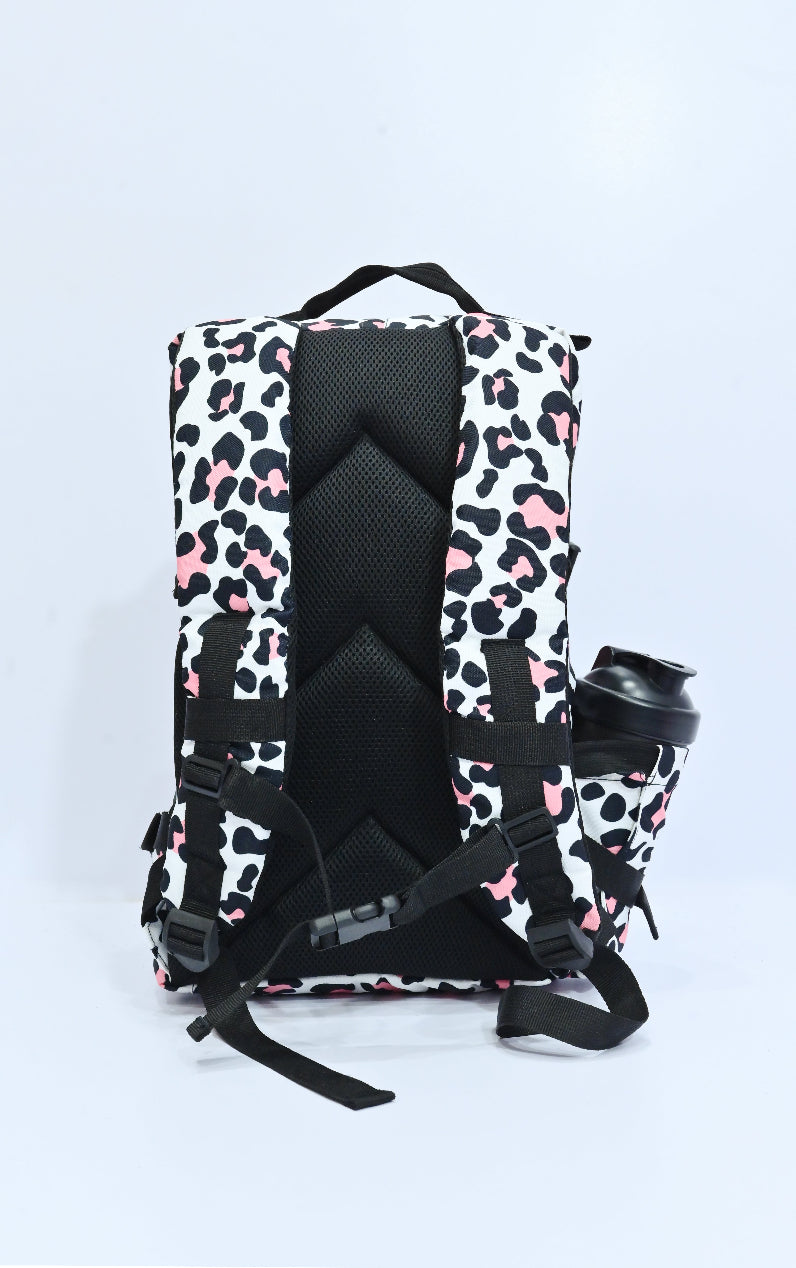Backpack with a leopard print pattern on a white background