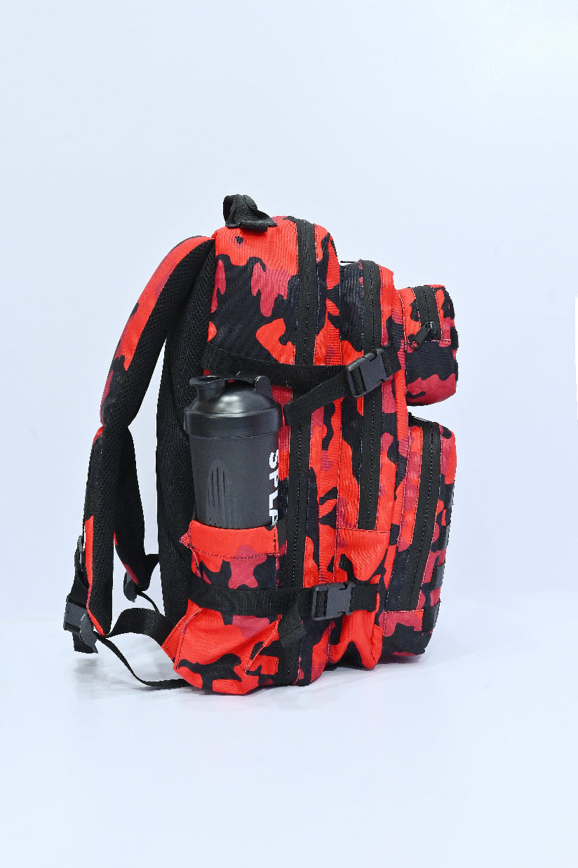 Red and black camouflage backpack with 'Splash 30' branding on a white background