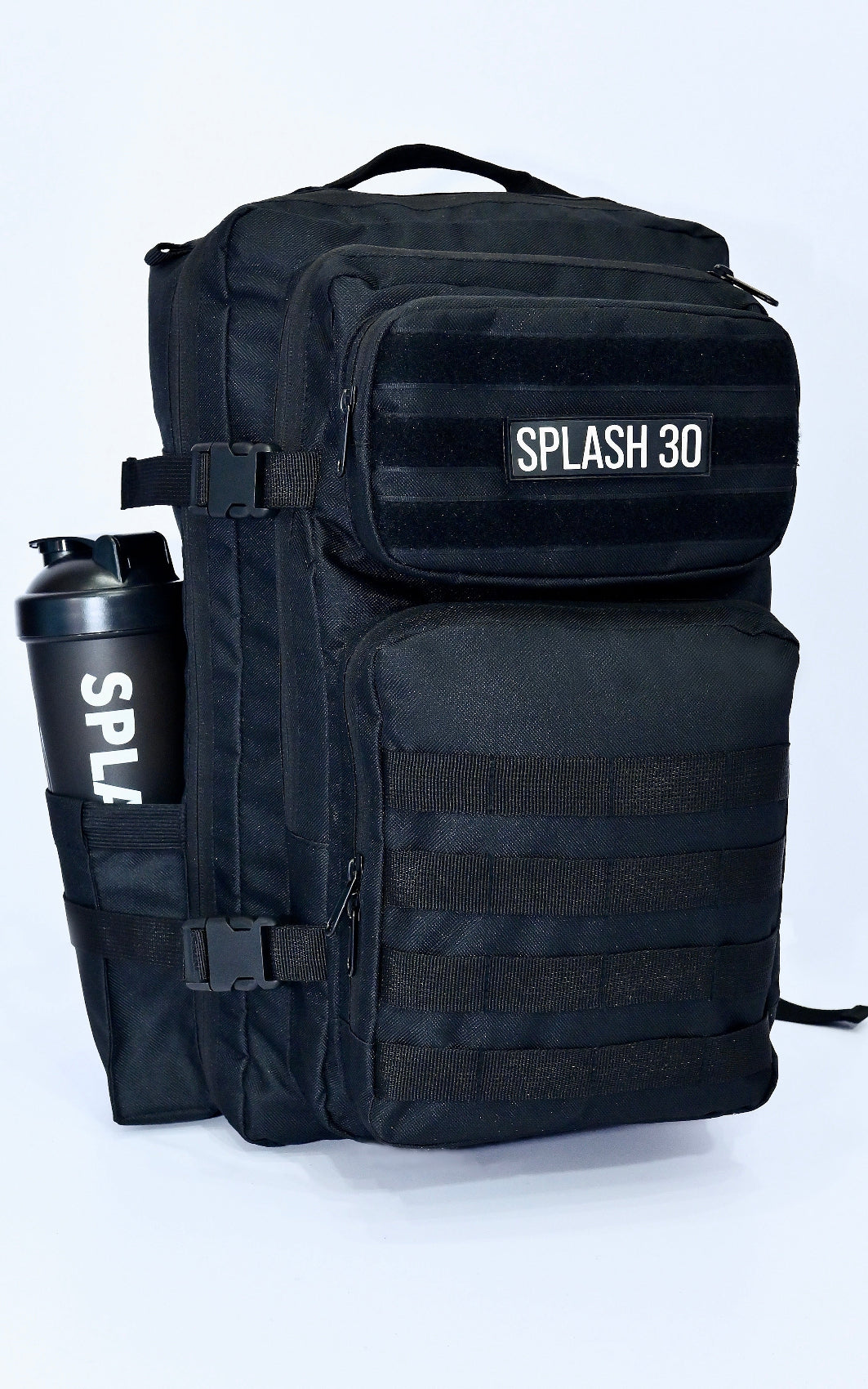 Black tactical backpack with 'SPLASH 30' branding on a white background