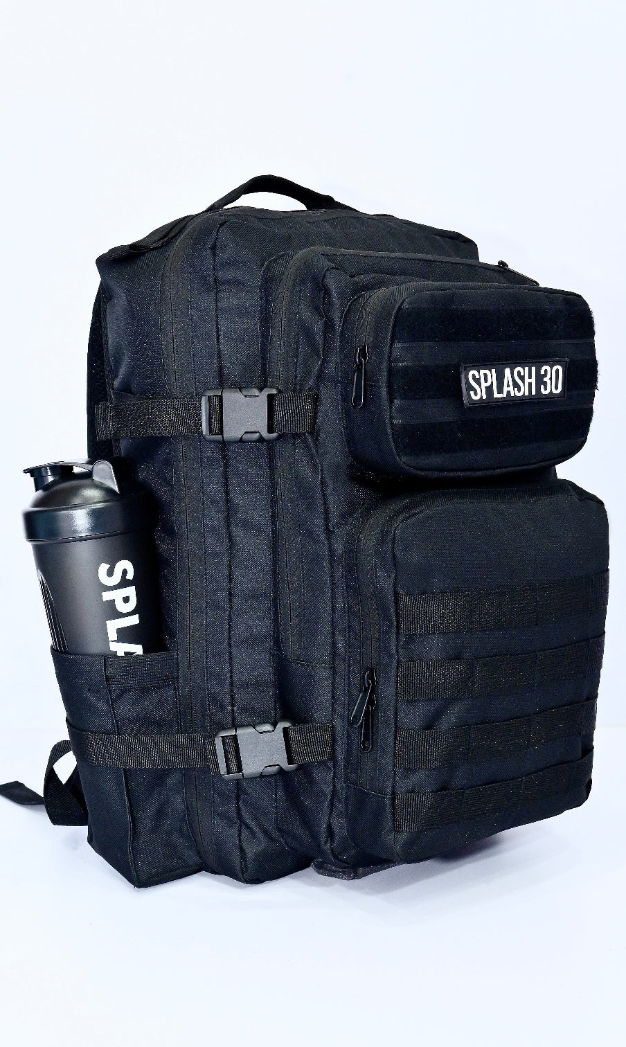 Black tactical backpack with 'SPLASH 30' branding on a white background