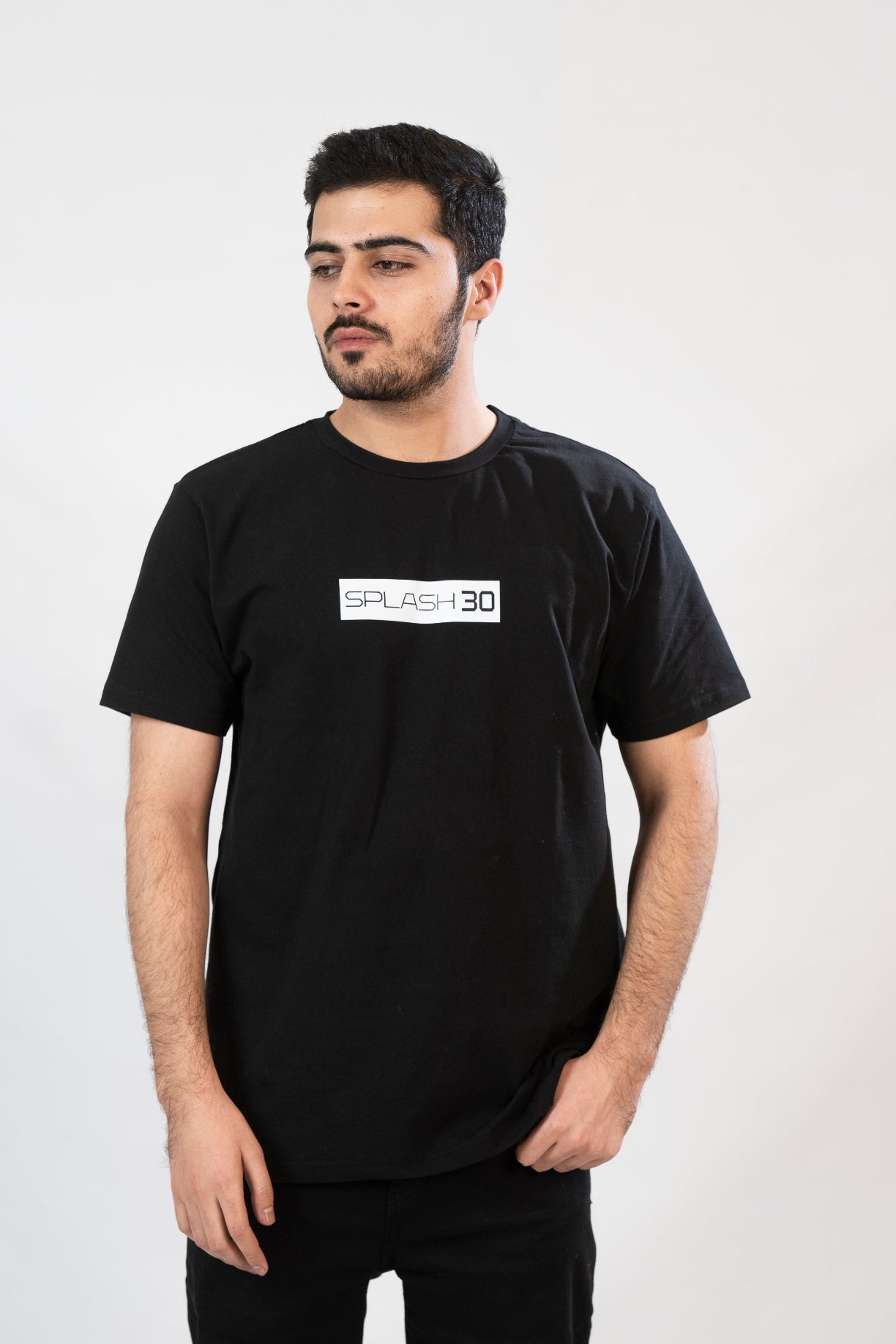 Man wearing a black t-shirt with 'Splash 3D' logo on a white background