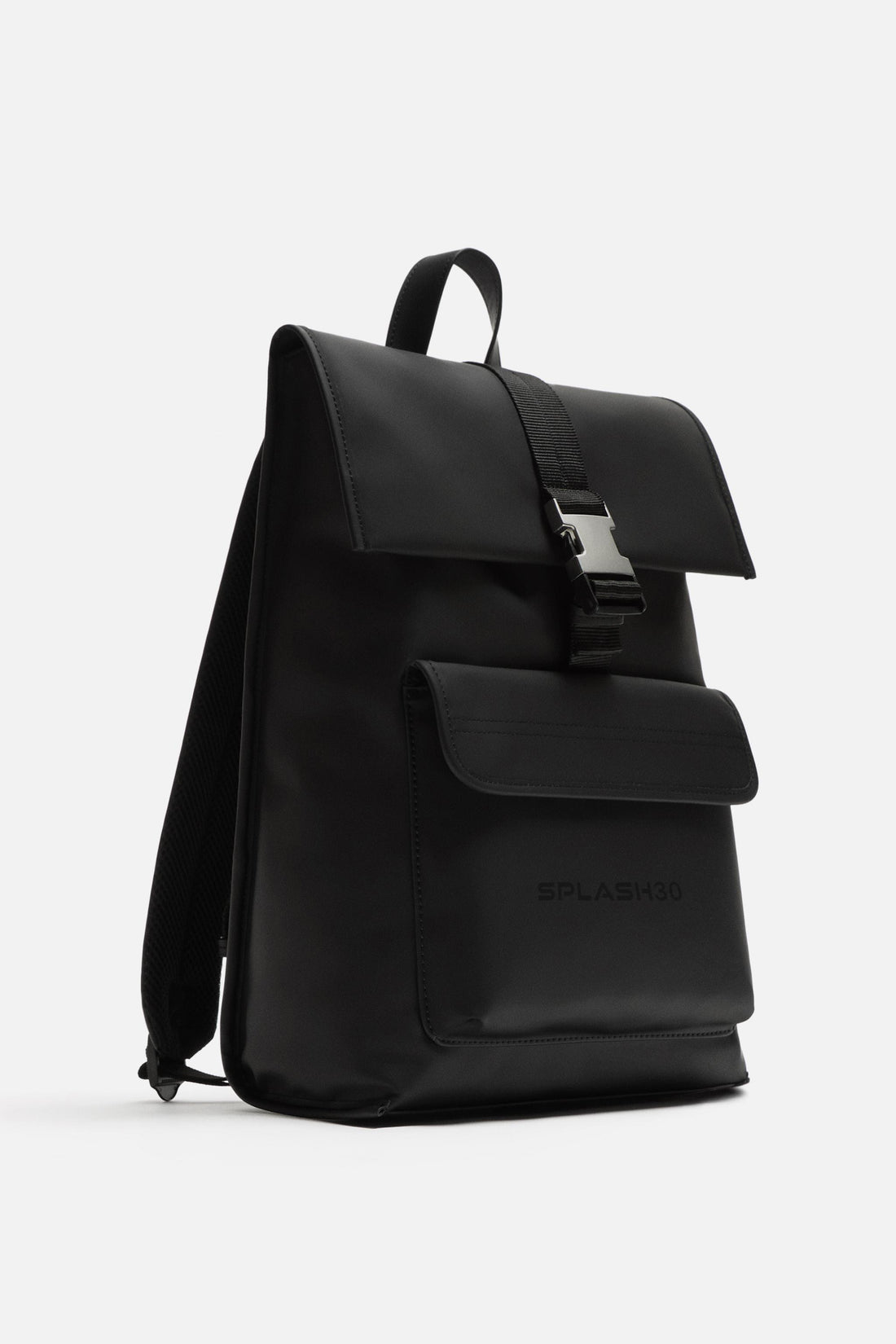 Black backpack with a brand logo on a light gray background