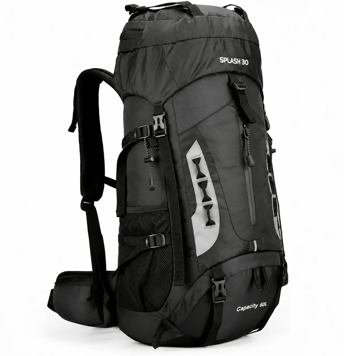 Splash30 60L black hiking backpack with padded straps, waist belt and multiple outdoor storage compartments