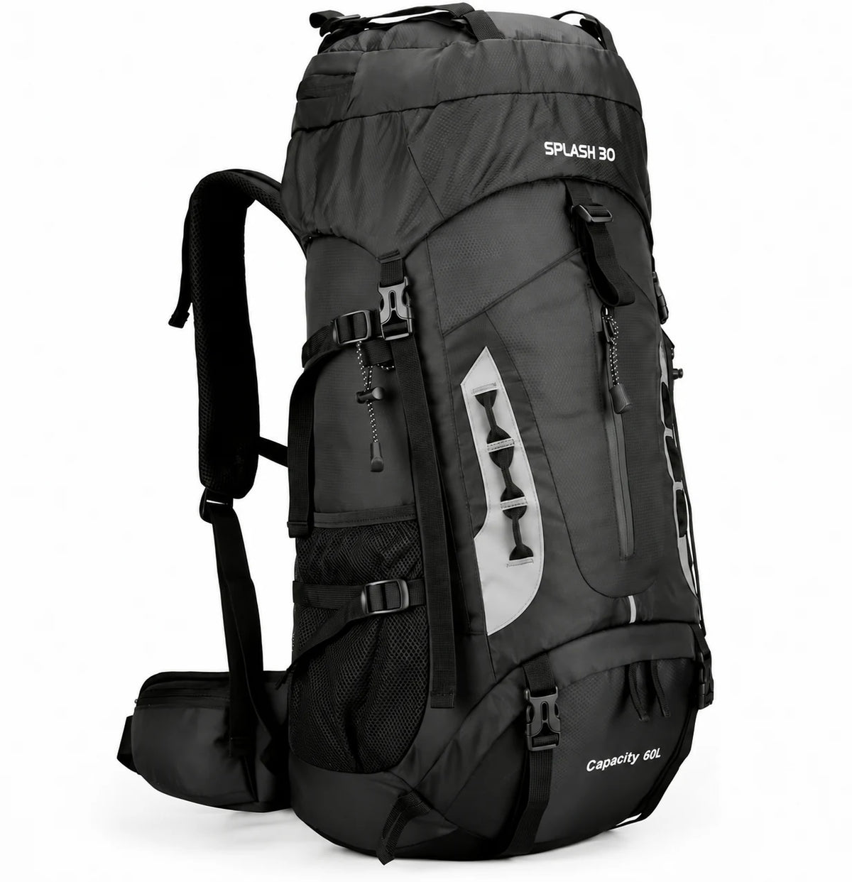 Splash30 60L black hiking backpack with padded straps, waist belt and multiple outdoor storage compartments