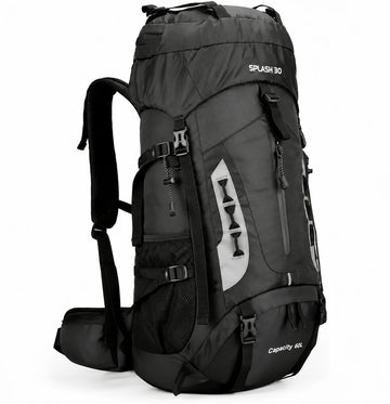 Splash30 60L black hiking backpack with padded straps, waist belt and multiple outdoor storage compartments