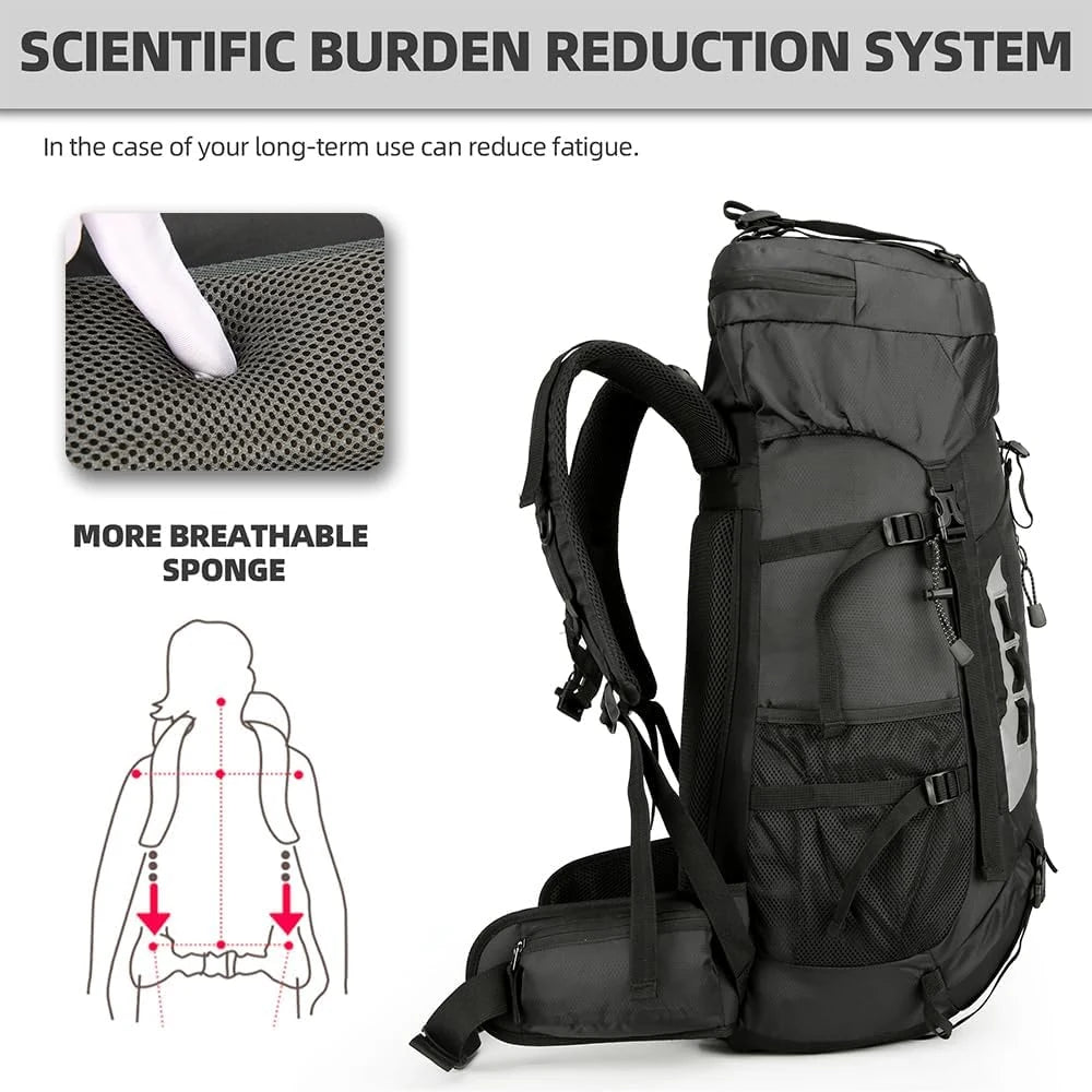 Splash30 60L hiking backpack breathable back support and padded shoulder straps designed to reduce carrying fatigue