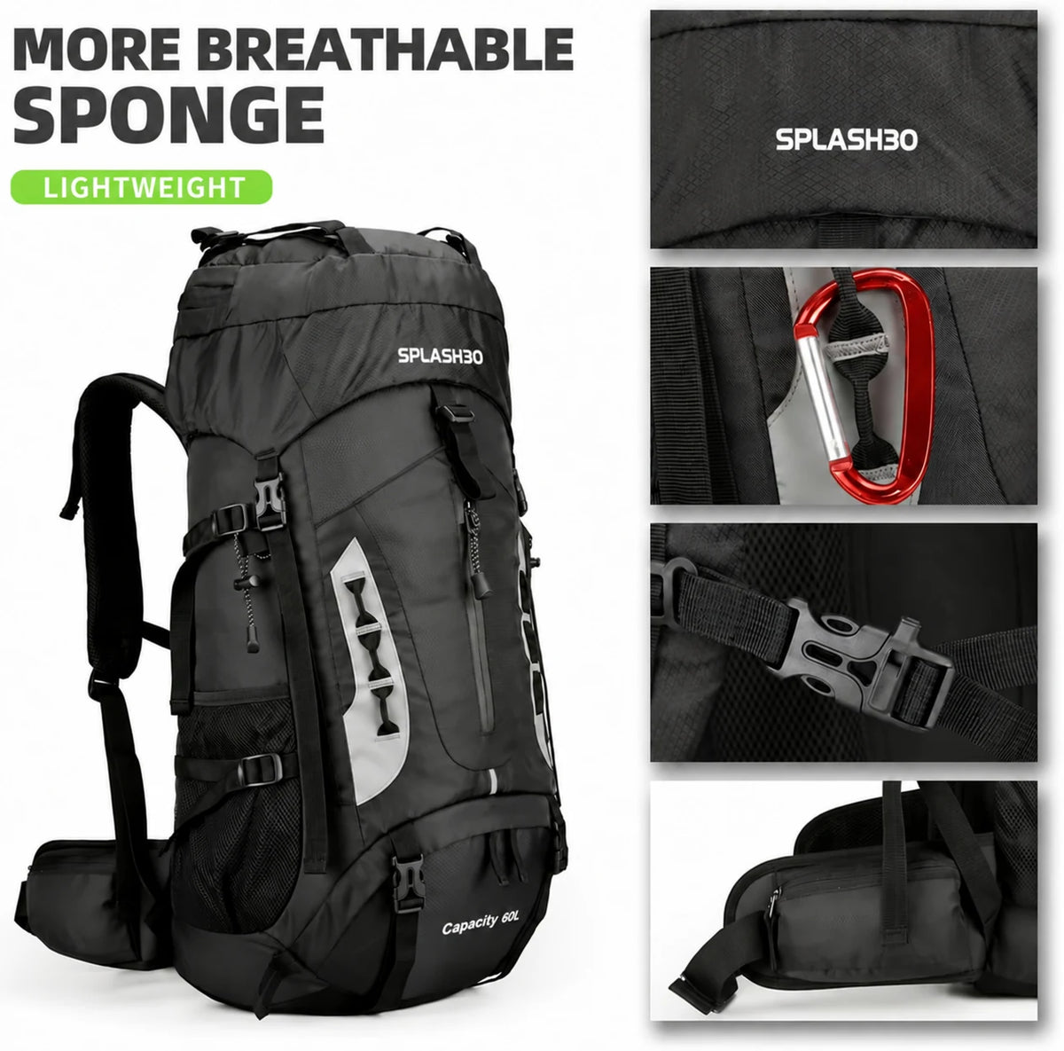Splash30 60L hiking backpack with breathable padding, lightweight design, chest buckle and padded waist support