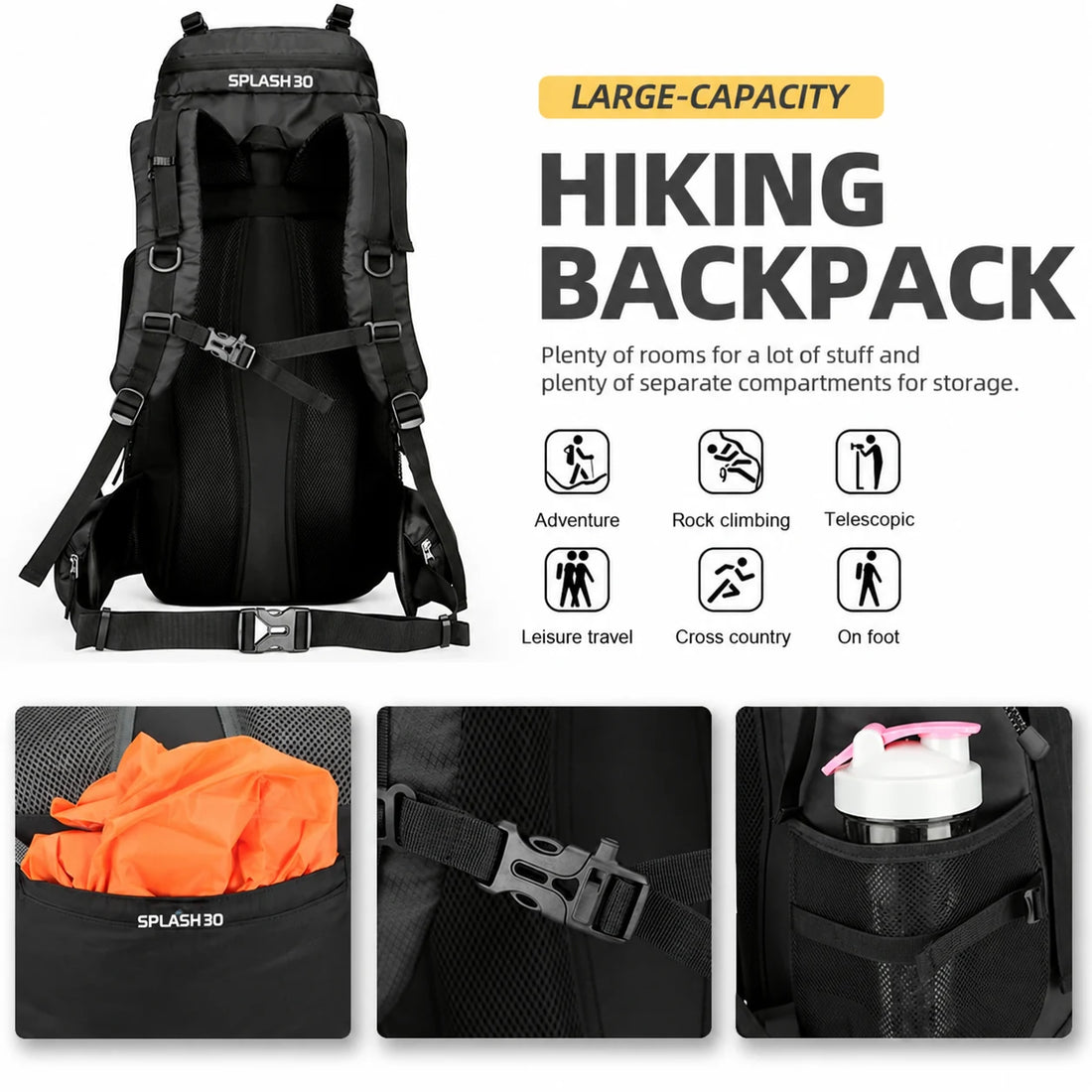 Splash30 60L black hiking backpack with padded straps, waist belt and multiple outdoor storage compartments