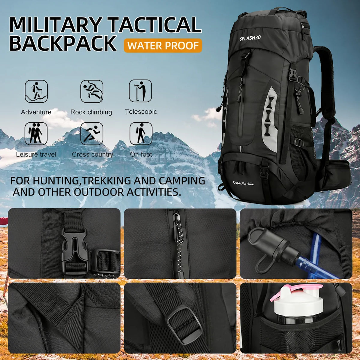 Splash30 60L waterproof hiking backpack for trekking, camping and outdoor travel with multiple utility features