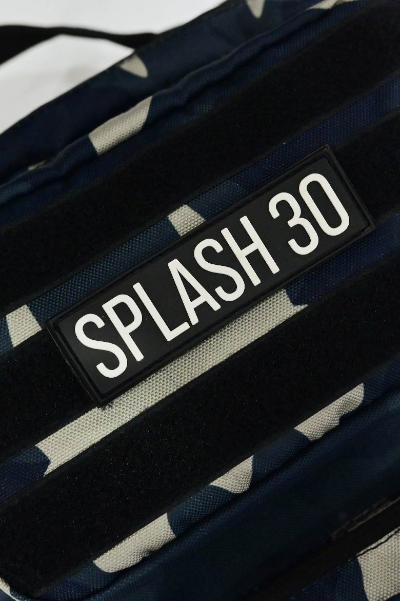 Splash30 logo and branding detail on black camo tactical backpack 45L