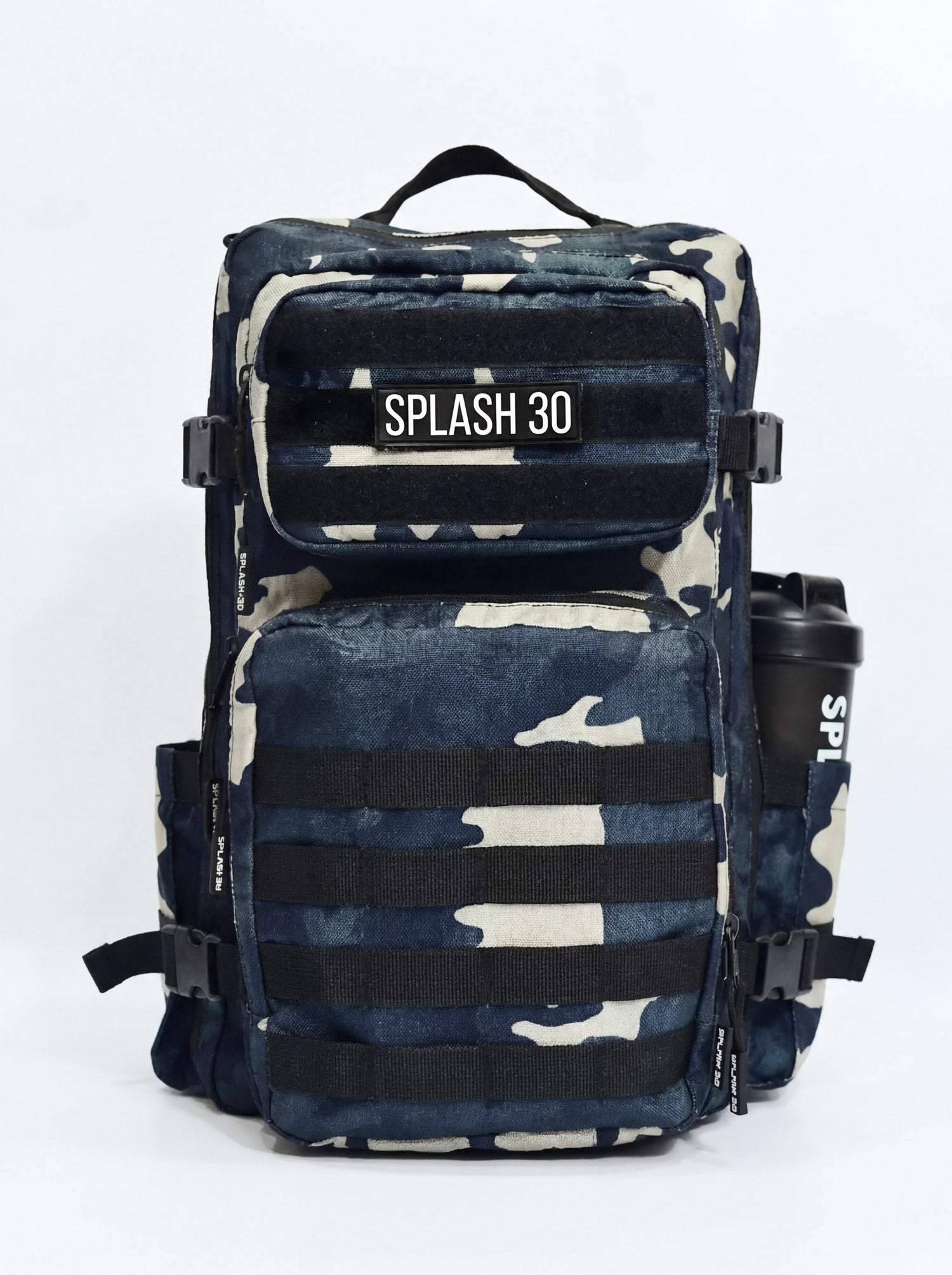 Splash30 Premium Black Camo Backpack 45L front view on white background