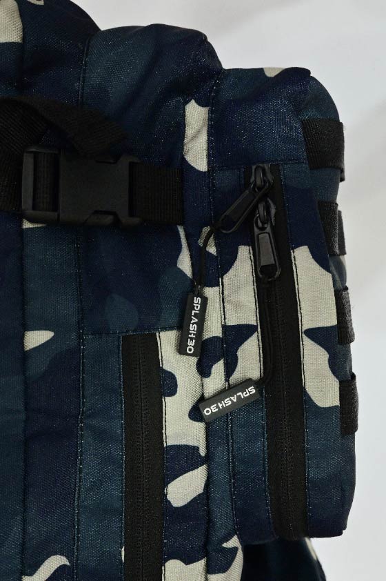 Splash30 Black Camo Backpack 45L hook and loop patch panel detail