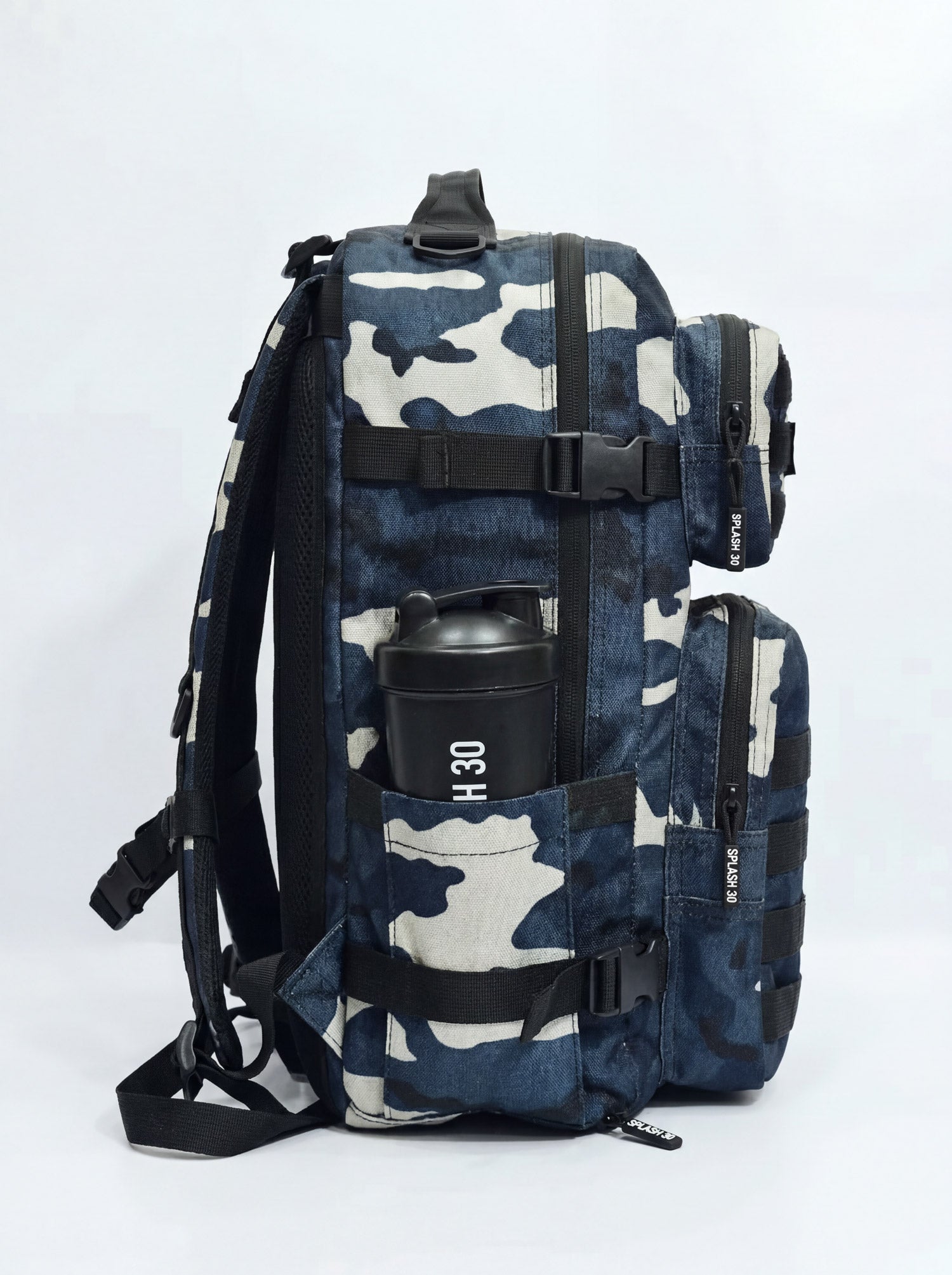 Splash30 Premium Black Camo Backpack 45L side view showing MOLLE webbing