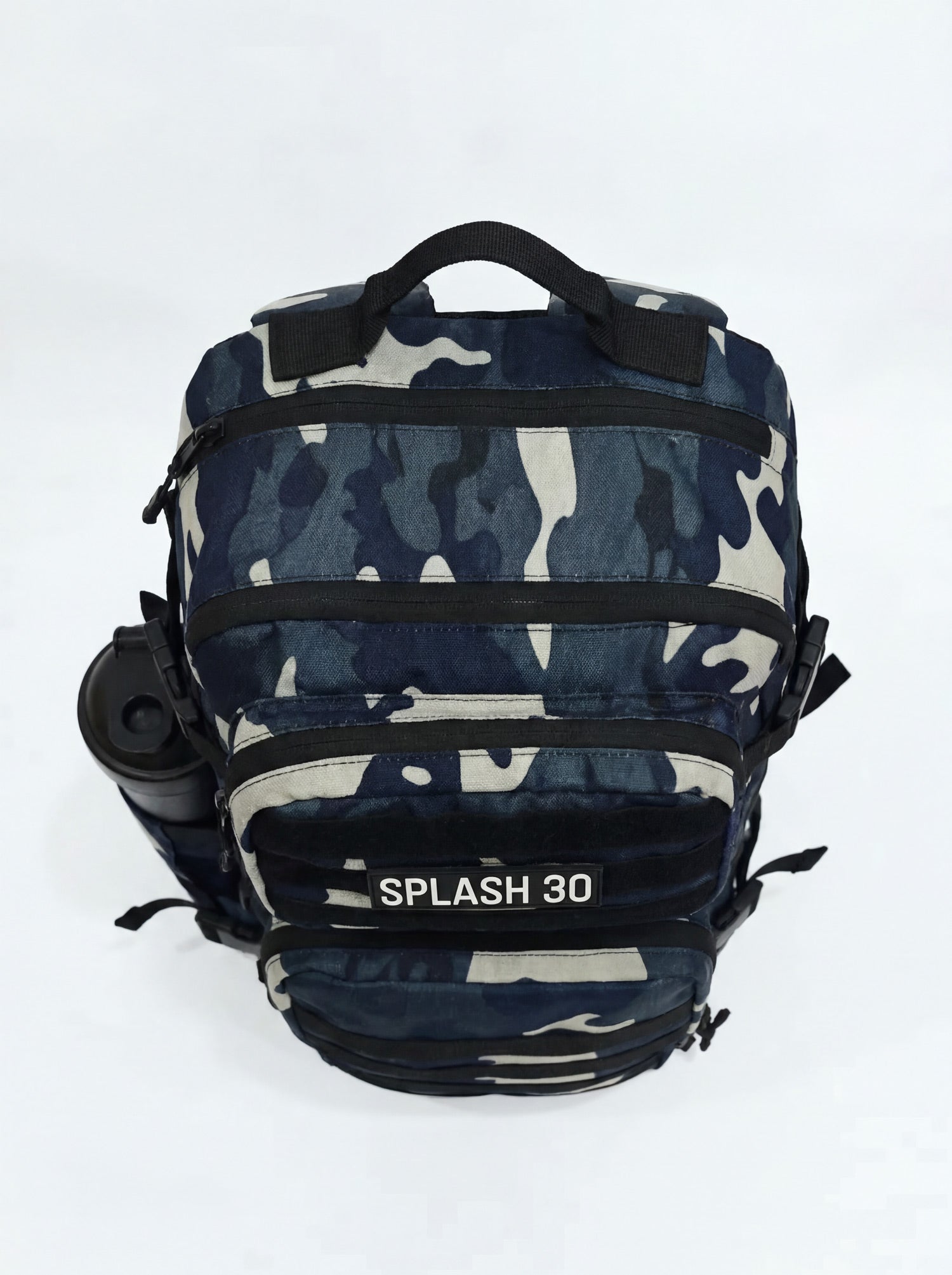 Splash30 Black Camo Backpack 45L top view on white background