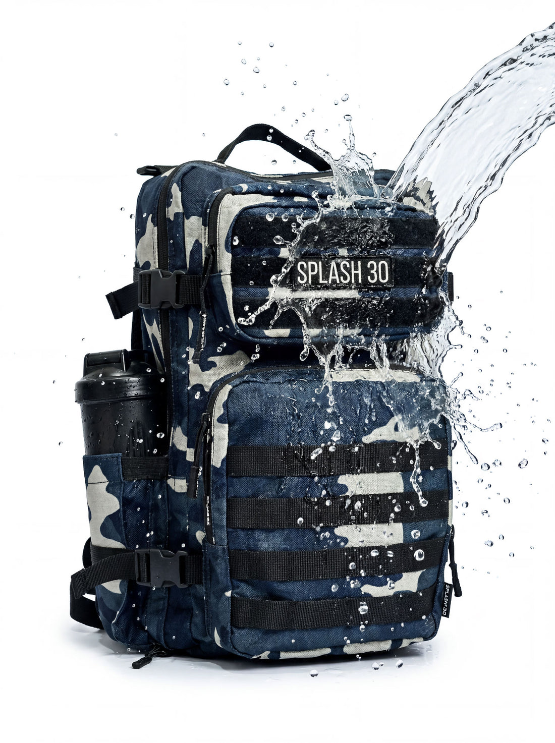 Splash30 Premium Black Camo Backpack 45L front view on white background