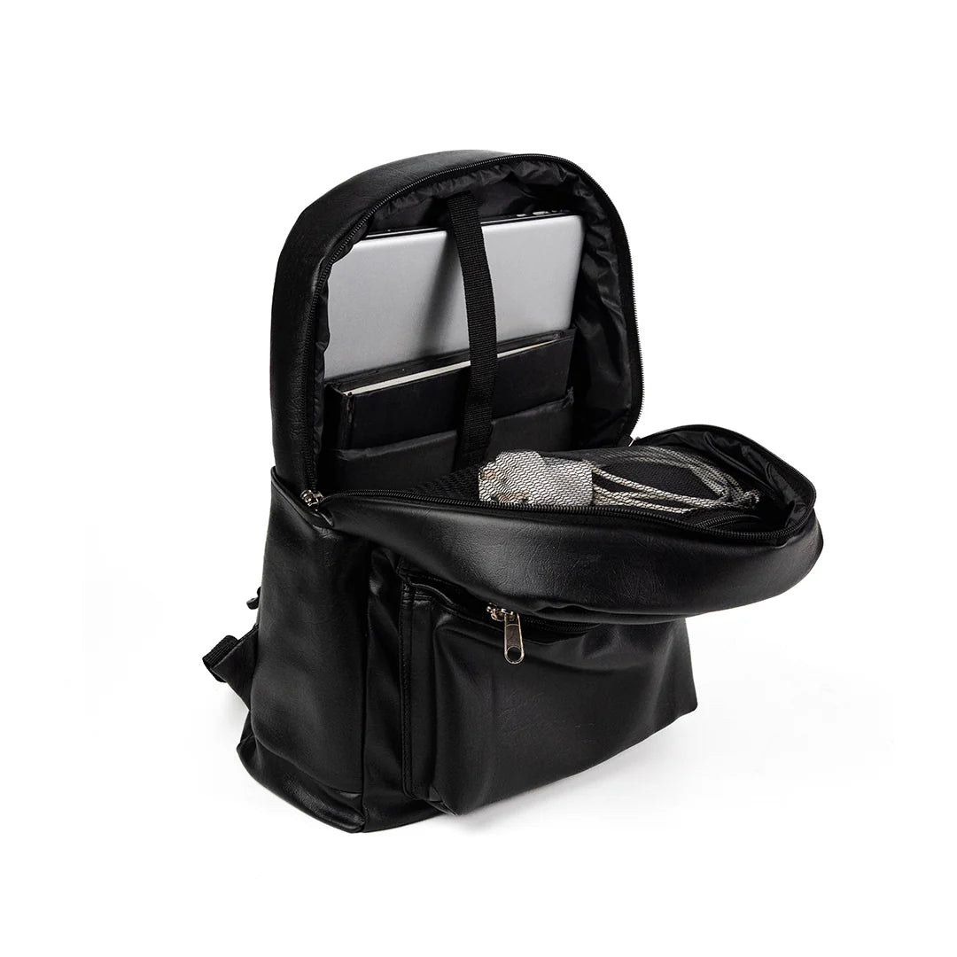 Splash30 Black Leather Backpack 30L open showing compartments and laptop sleeve